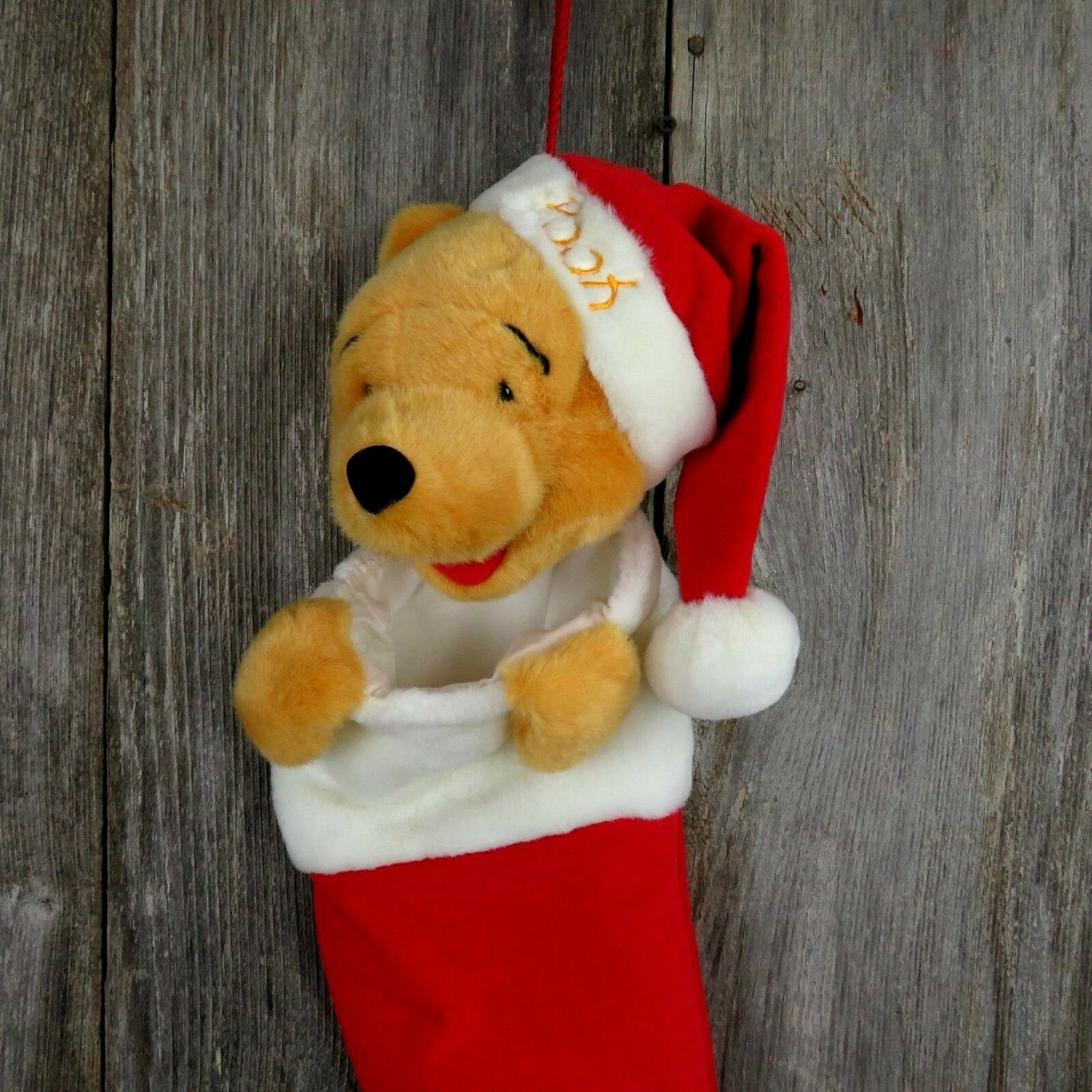 Winnie The Pooh Christmas Stocking Plush Stuffed Animal Red Santa Hat Disney - At Grandma's Table