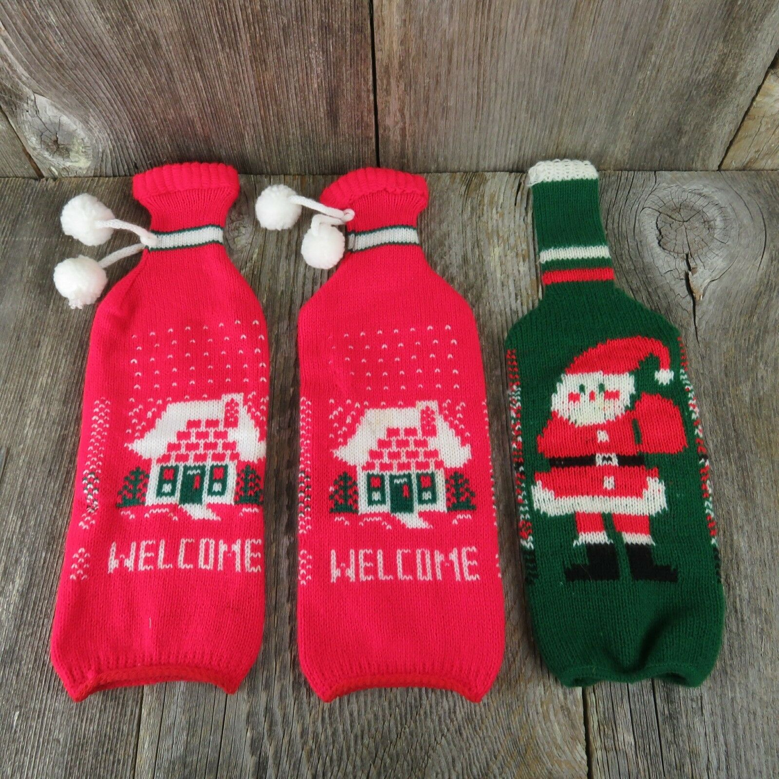 Vintage Christmas Stocking Bottle Covers Tote Red White Green Knitted Gift - At Grandma's Table