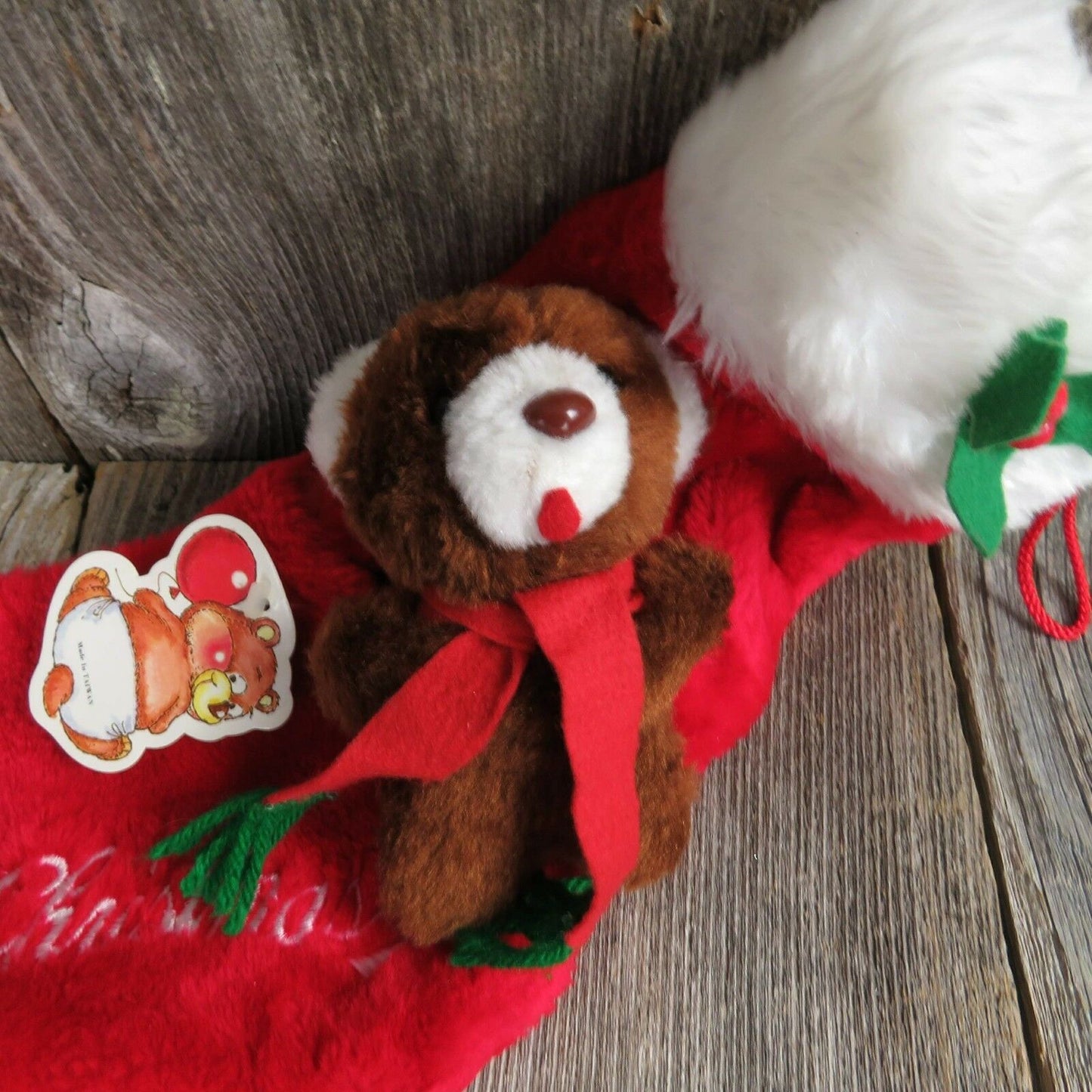 Vintage Teddy Bear Christmas Stocking Plush Stuffed Animal Pocket Merry - At Grandma's Table