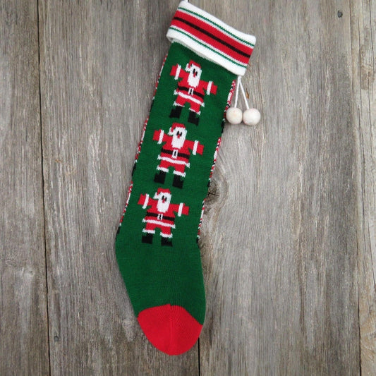 Vintage Santa Claus Stocking Striped Christmas Knitted Knit Green Red White - At Grandma's Table