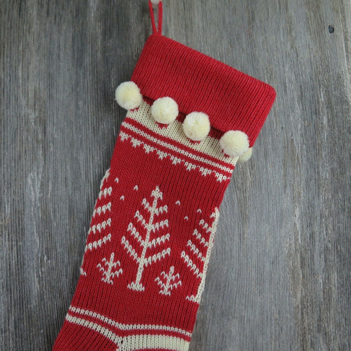 Vintage Christmas Stocking Knitted Knit Trees Large Red with White Pom Poms - At Grandma's Table