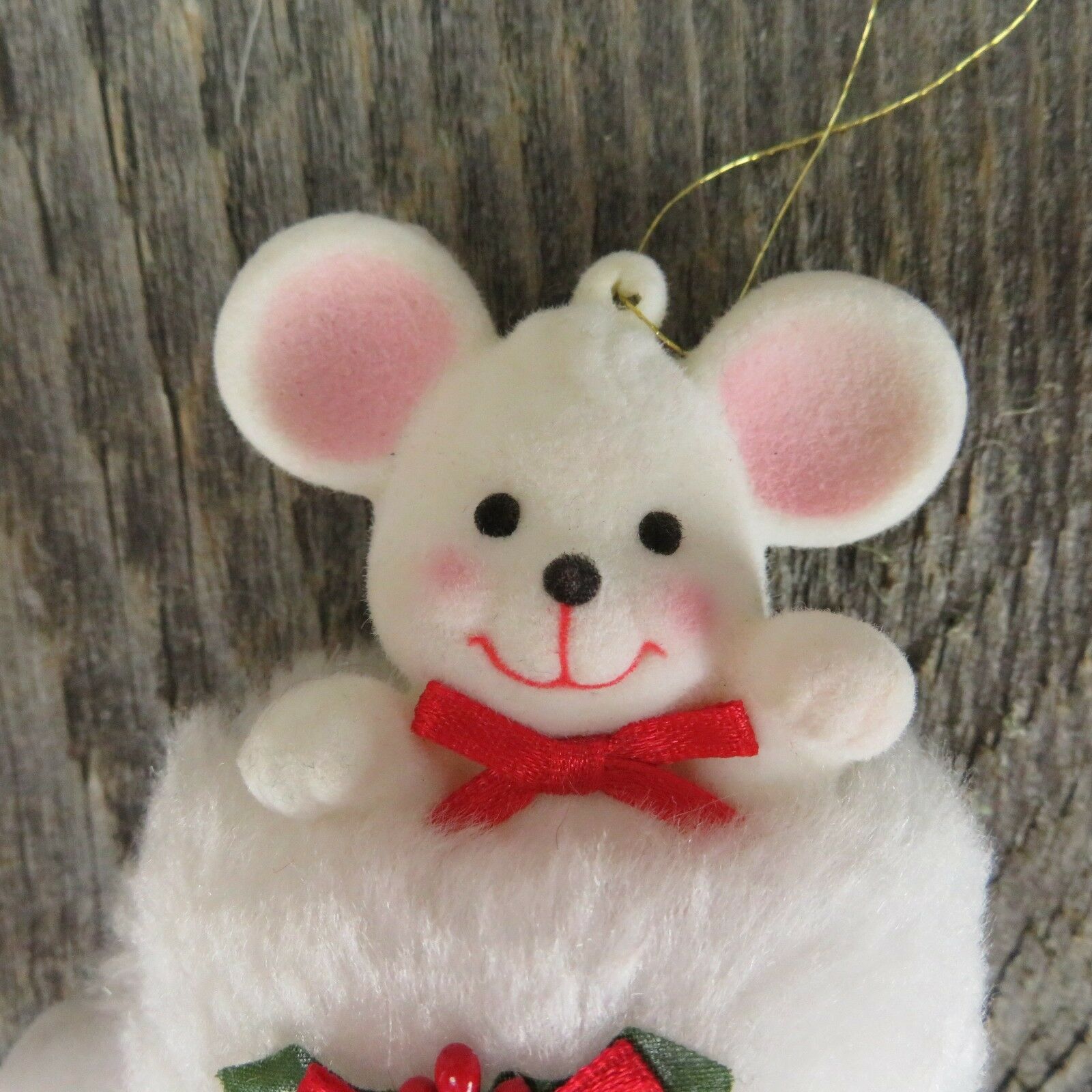 Vintage Flocked Mouse Stocking Ornament Christmas Holiday Red White Holly Mice - At Grandma's Table