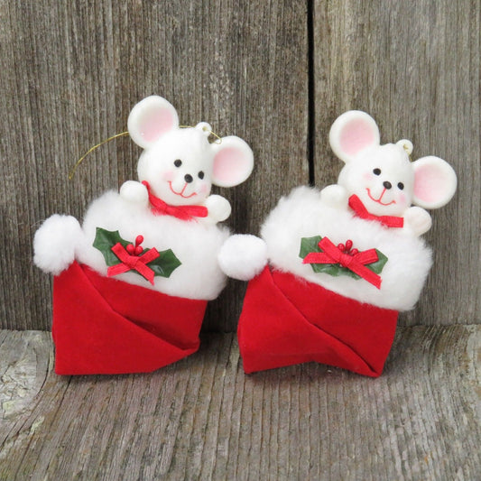 Vintage Flocked Mouse Stocking Ornament Christmas Holiday Red White Holly Mice - At Grandma's Table