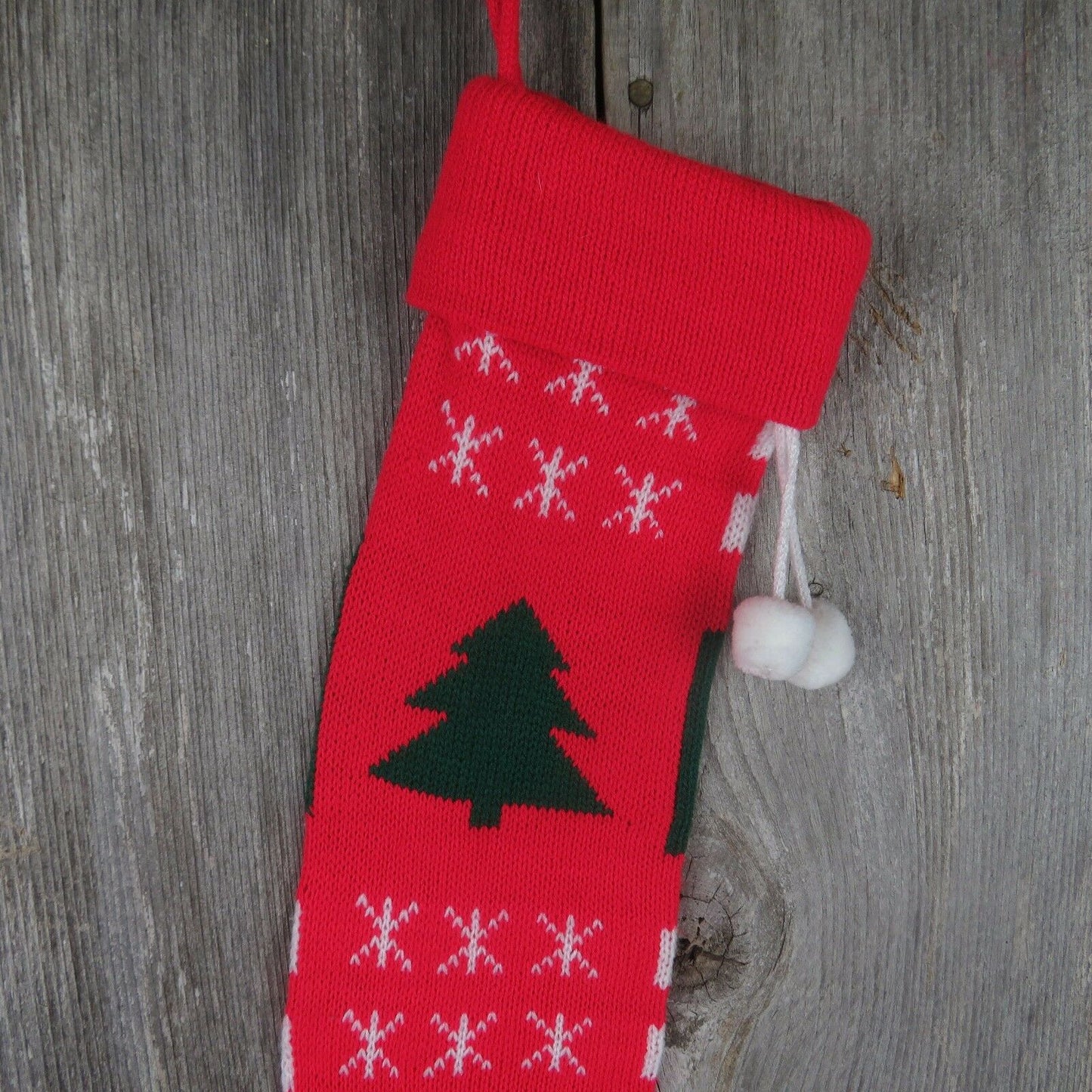 Vintage Christmas Tree Stocking Knitted Knit Green Red Long Snowflakes ST1 - At Grandma's Table