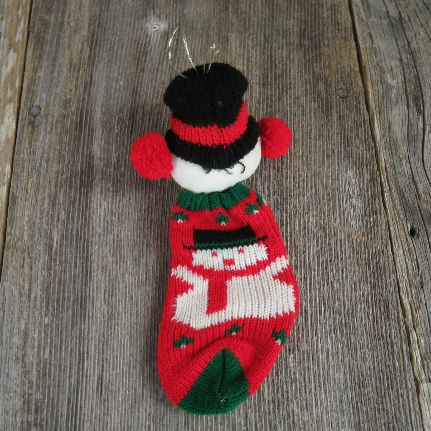 Vintage Snowman Santa Stocking Tree Ornament Knit Plush Christmas - At Grandma's Table