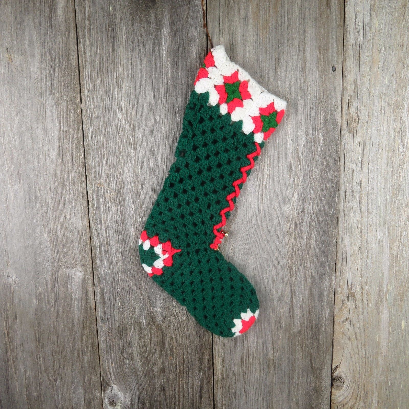 Vintage Christmas Stocking Crochet Handmade Granny Square Trim Green Red White 3 - At Grandma's Table