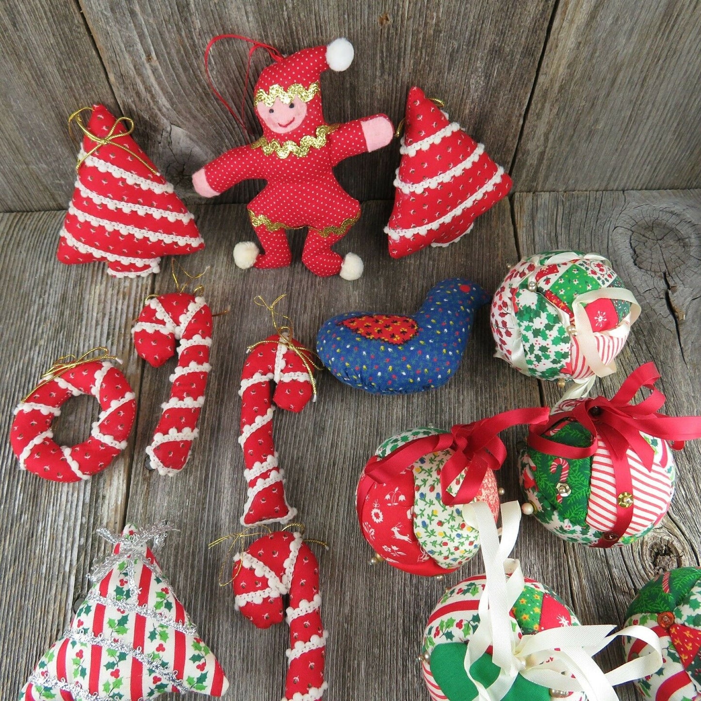 Vintage Christmas Fabric Tree Ornaments Ball Quilt Stuffed Rustic Country Candy - At Grandma's Table