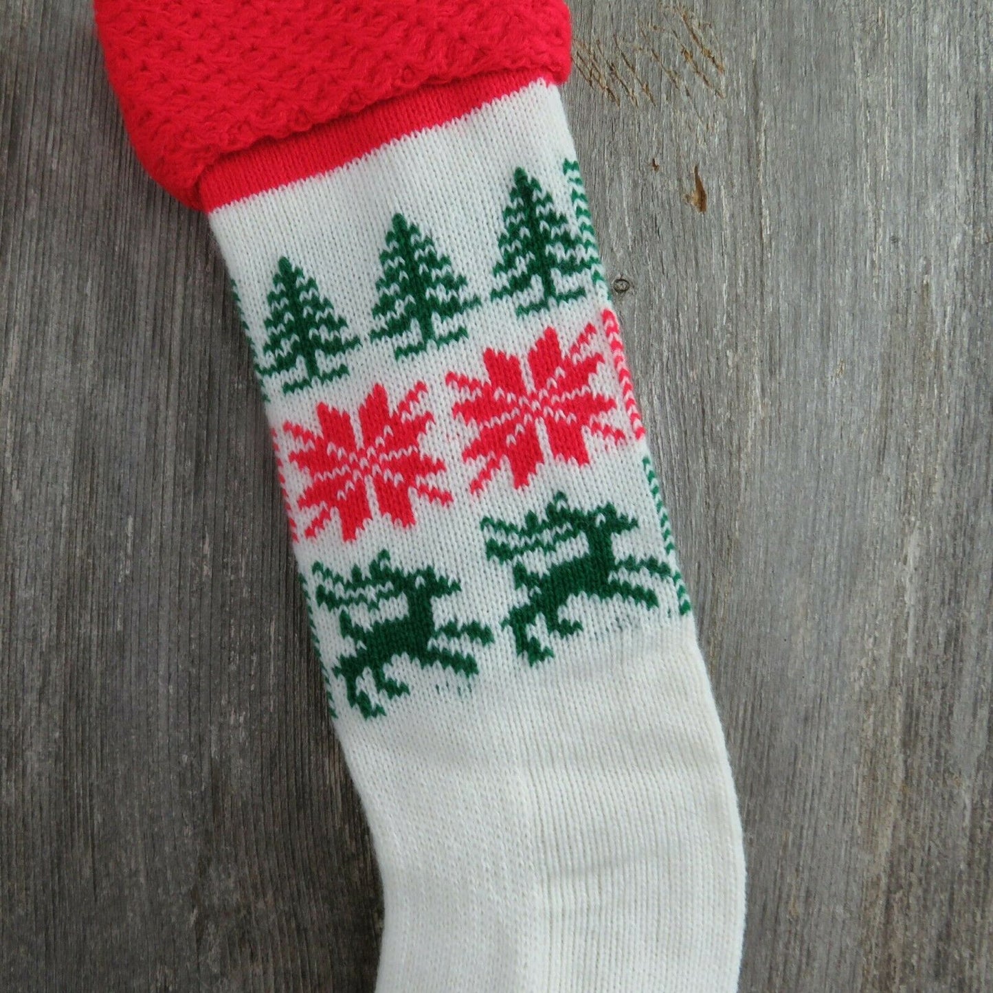 Vintage Stocking Knitted Christmas Knit Tree Snowflake Reindeer Green Red White - At Grandma's Table