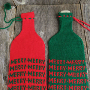 Vintage Christmas Bottle Tote Cover Knitted Stocking Department 56 Gift Bag Set - At Grandma's Table