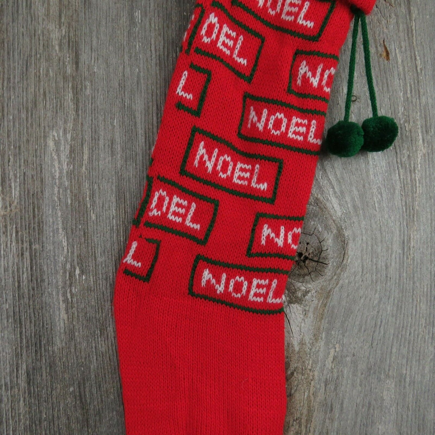 Vintage Noel Heart Stocking Christmas Knitted Knit Green Red White Pom Pom ST64 - At Grandma's Table