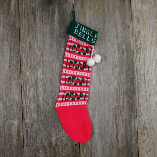 Vintage Jingle Bells Stocking Striped Christmas Knitted Knit Green Red White - At Grandma's Table