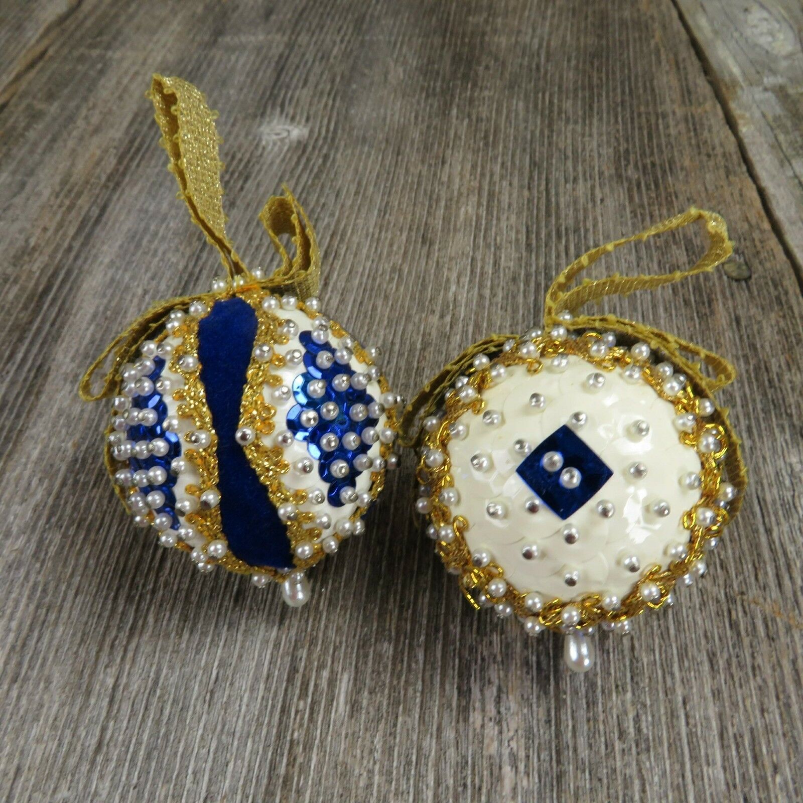 Vintage Beaded Ball Christmas Ornaments Blue Gold Sequins Lot Ribbon Set - At Grandma's Table
