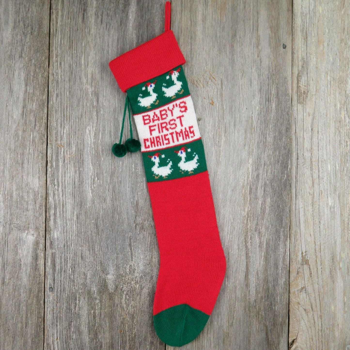 Vintage Christmas Stocking Baby First Goose Knitted Knit Green Red Geese ST38 - At Grandma's Table