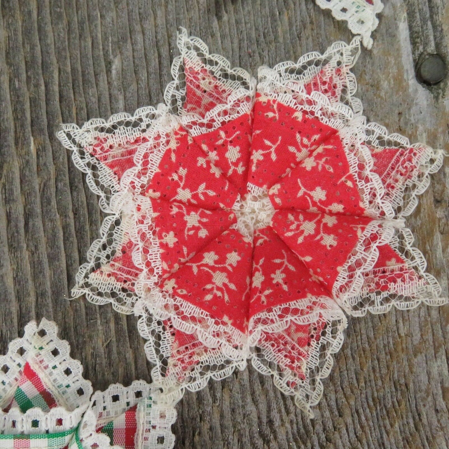 Vintage Star Flower Fabric Ornament Handmade Christmas Lace Poinsettia Lot Set - At Grandma's Table