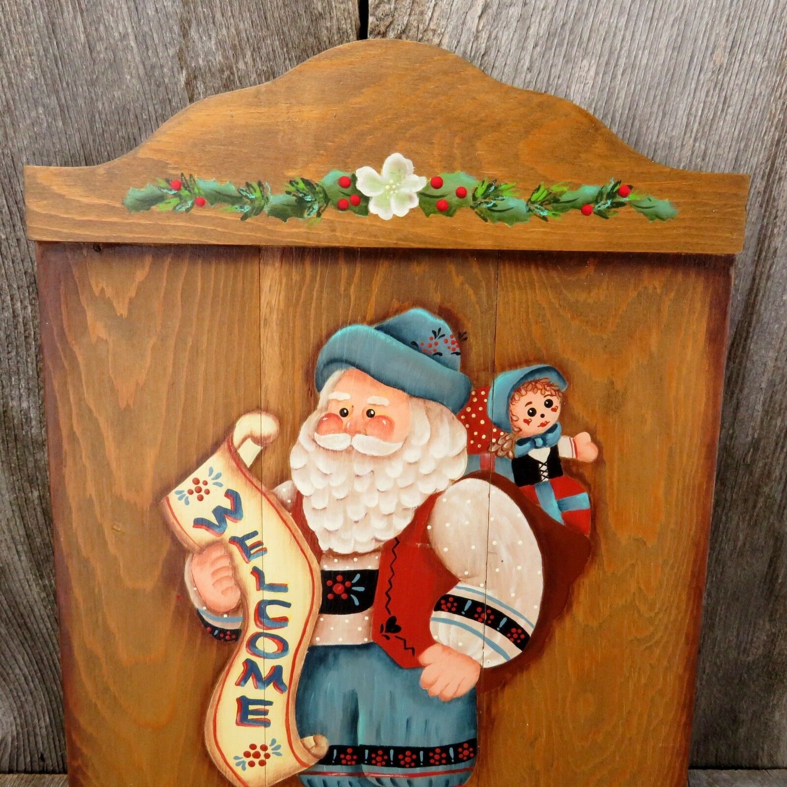 Vintage Wood Welcome Sign Santa Christmas Old World Tole Painted Decoration - At Grandma's Table
