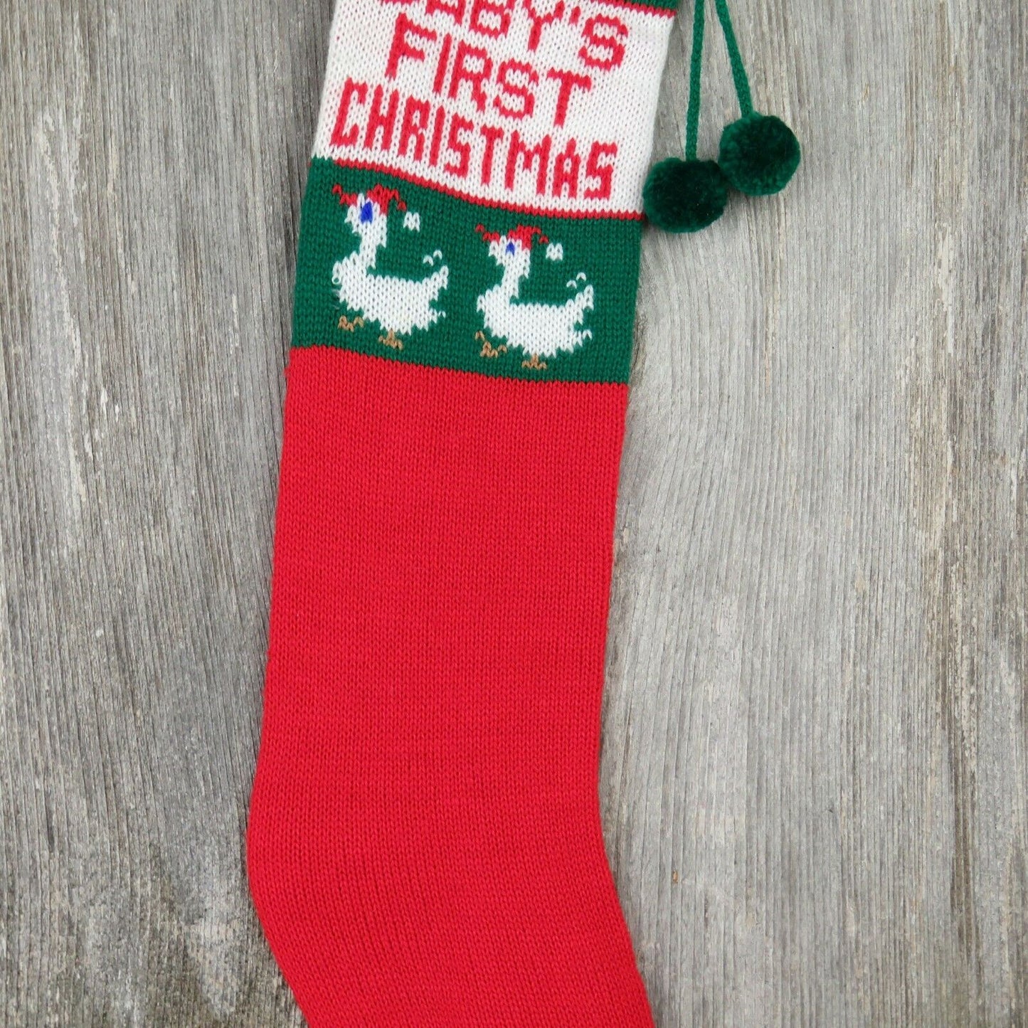 Vintage Christmas Stocking Baby First Goose Knitted Knit Green Red Geese ST38 - At Grandma's Table