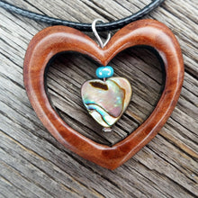 Load image into Gallery viewer, Wood Pendant Shell Necklace Redwood Burl &amp; Abalone Heart Handmade Jewelry Calif - At Grandma&#39;s Table