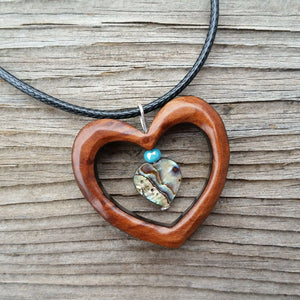 Wood Pendant Shell Necklace Redwood Burl & Abalone Heart Handmade Jewelry Calif - At Grandma's Table