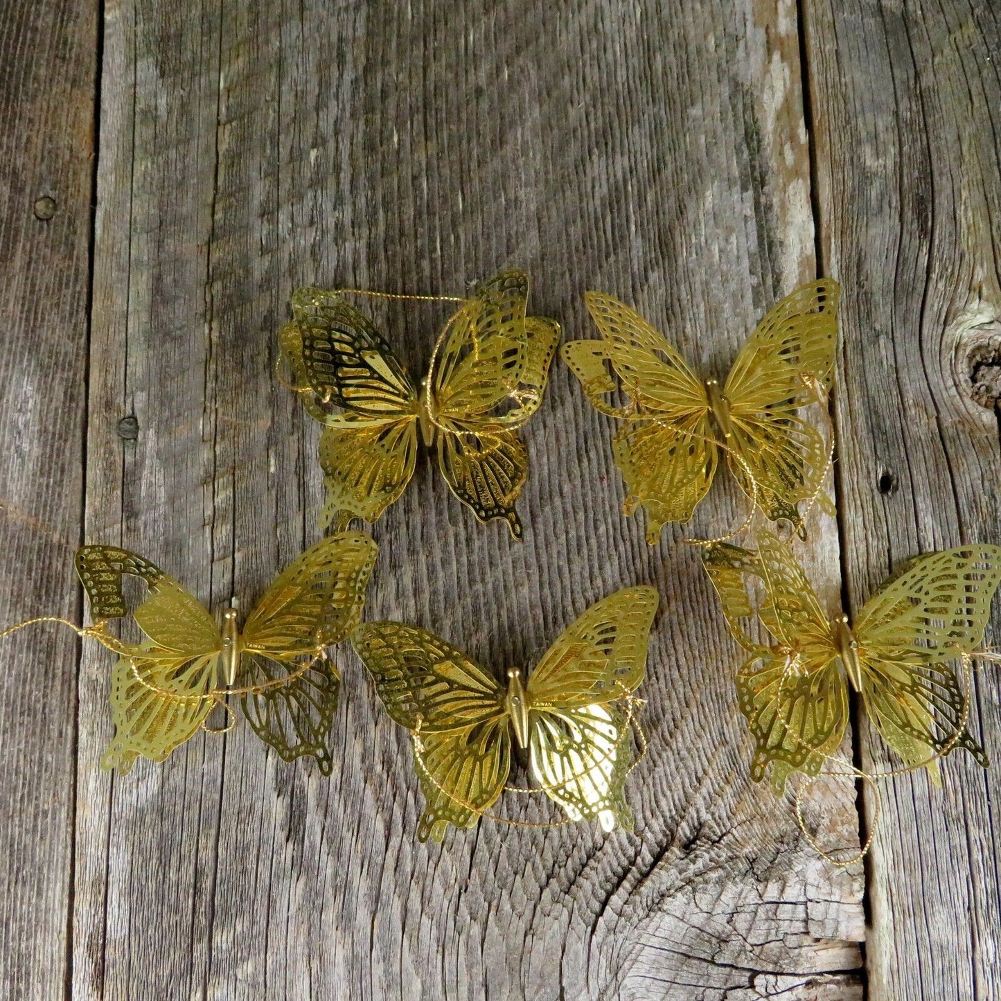 Vintage Butterfly Christmas Ornaments Metal Lot Gold Taiwan Mobile Decoration - At Grandma's Table