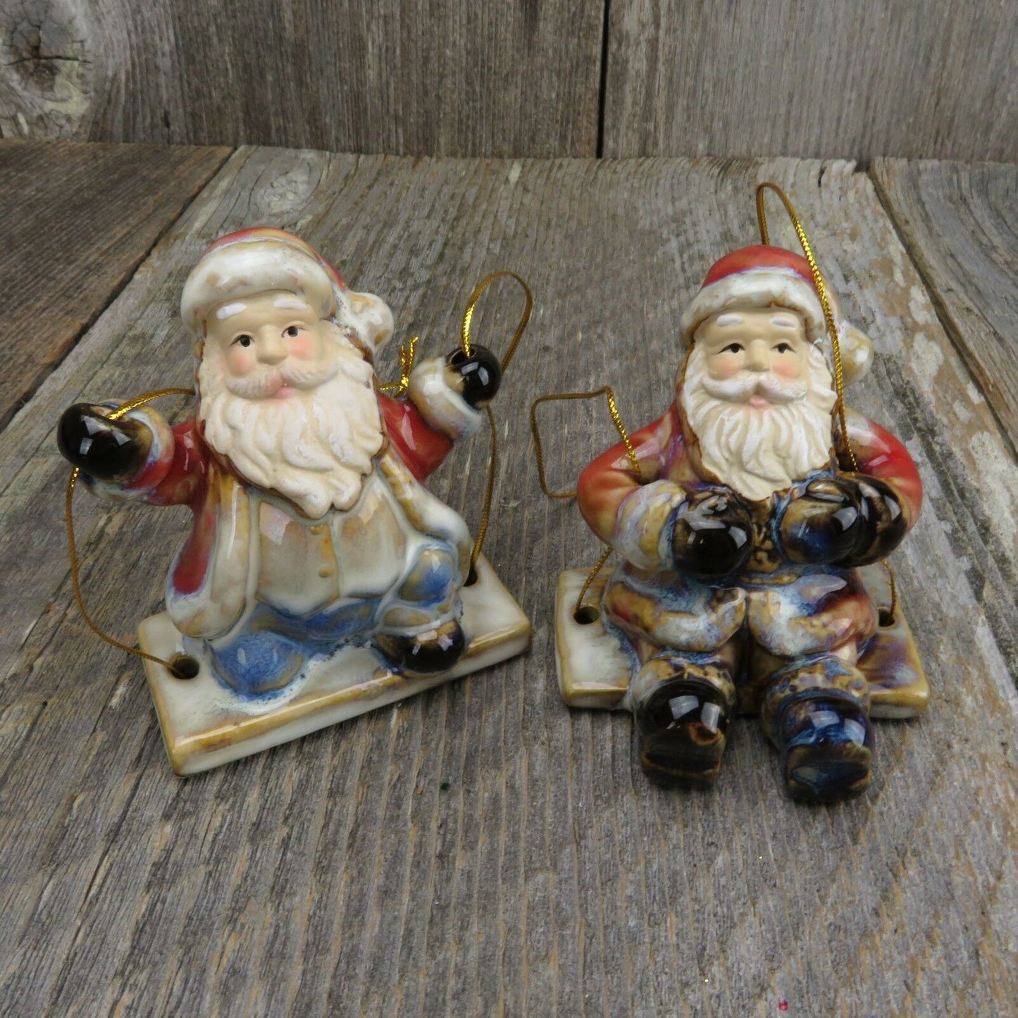 Swinging Santa Christmas Ornament Pottery Set Glazed Ceramic Red Blue Gloss - At Grandma's Table