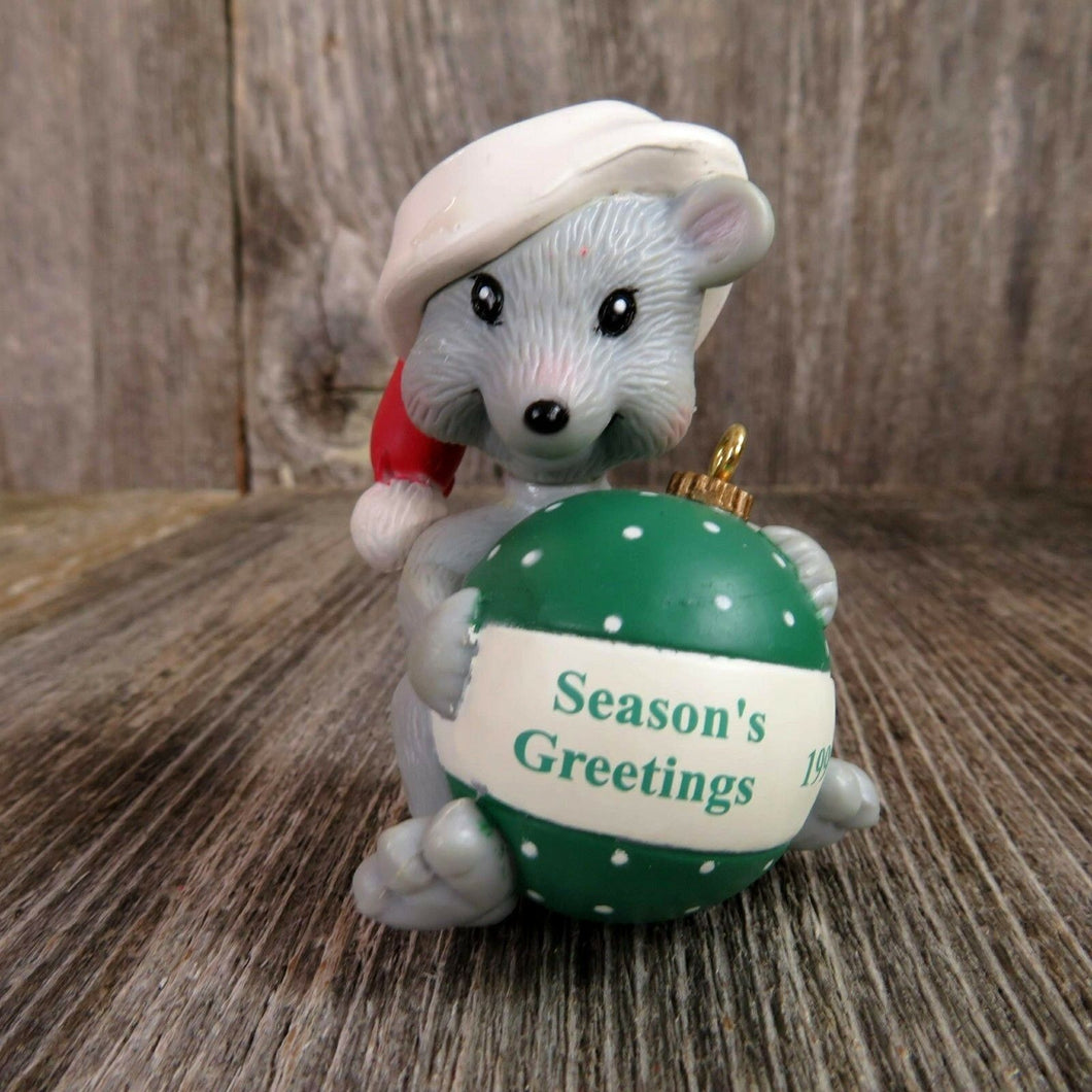 Mouse Season's Greetings Ornament Vintage Christmas Ball DCI Green Santa Hat - At Grandma's Table