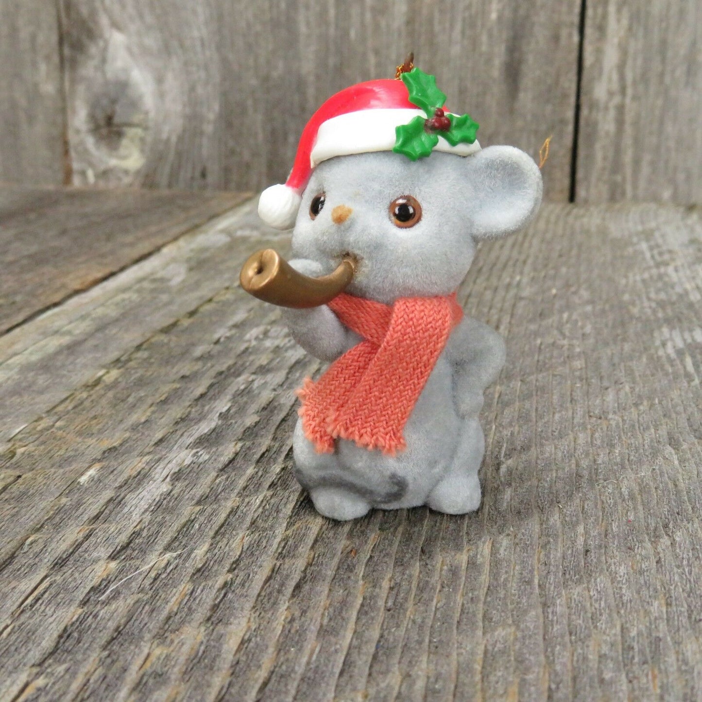 Vintage Flocked Mouse Ornament Christmas Horn Red White Holly Scarf Hat - At Grandma's Table