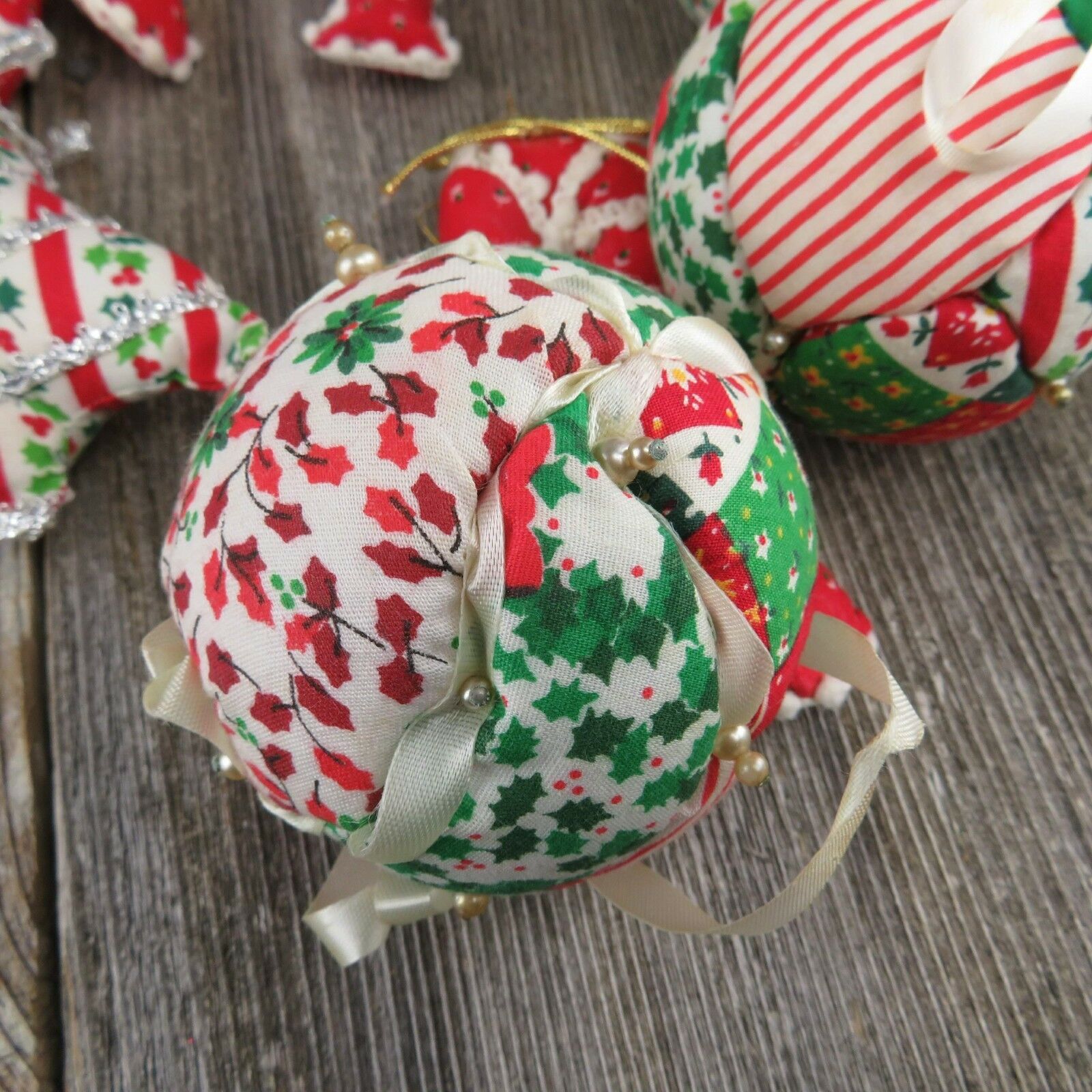 Vintage Christmas Fabric Tree Ornaments Ball Quilt Stuffed Rustic Country Candy - At Grandma's Table