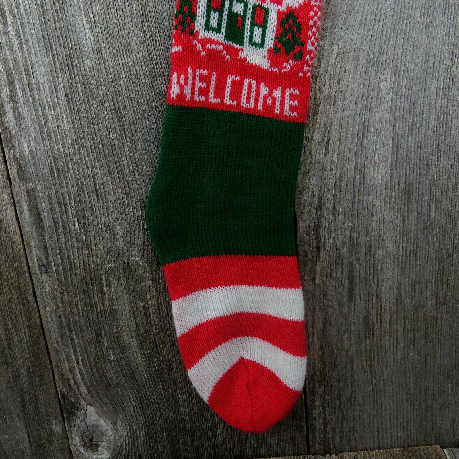 Vintage New House Stocking Knit Welcome Home Knitted Red Green 1980s - At Grandma's Table