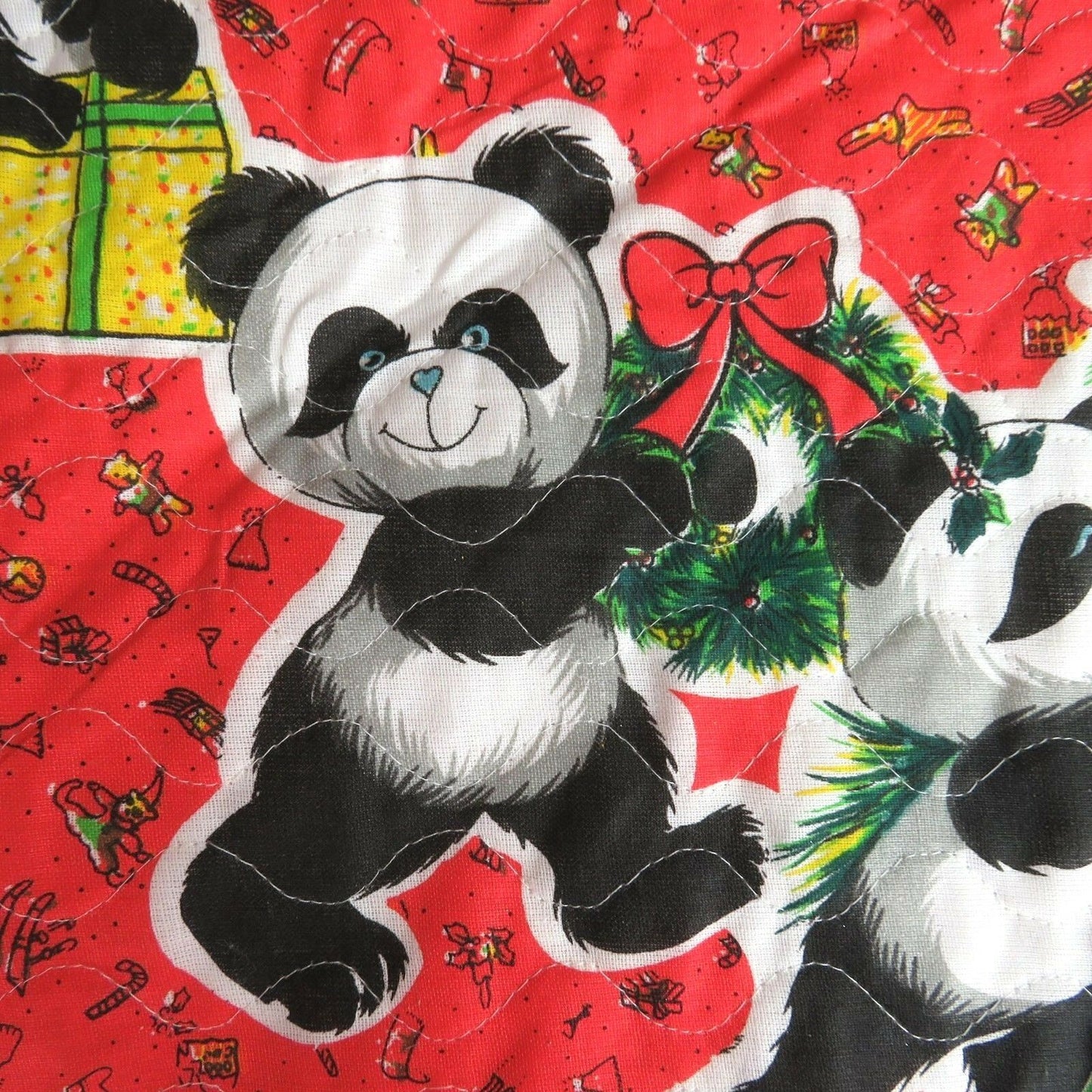 Vintage Panda Bear Christmas Tree Skirt Red Quilted Printed Red Green - At Grandma's Table