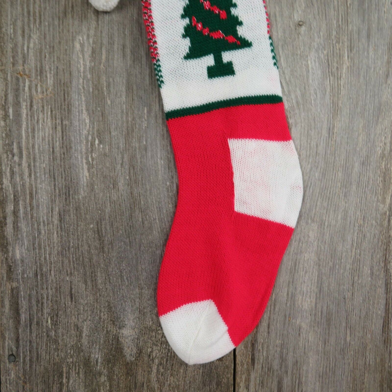 Vintage Christmas Tree Stocking Knitted Knit Peace White Red Green ST58 - At Grandma's Table