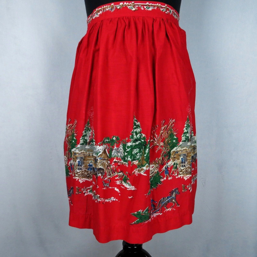 Vintage Christmas Apron Half Hostess Log Cabin Rustic Country Scene Frontier A15 - At Grandma's Table