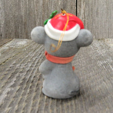 Load image into Gallery viewer, Vintage Flocked Mouse Ornament Christmas Horn Red White Holly Scarf Hat - At Grandma&#39;s Table