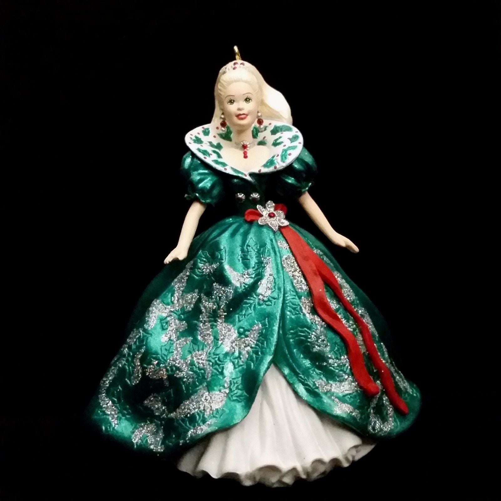 Vintage Holiday Barbie Hallmark Ornament 1995 Green Dress and Blonde Hair Christmas Collector's Series - At Grandma's Table