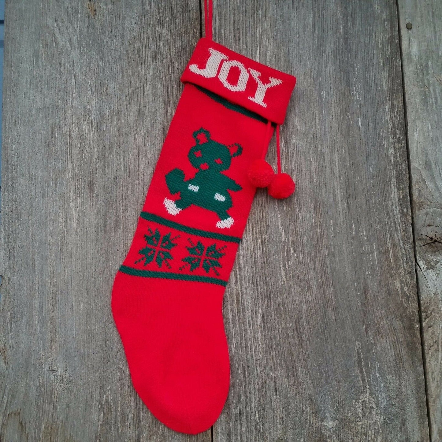 Vintage Teddy Bear Mouse Christmas Stocking Knitted Knit Joy White Red Green - At Grandma's Table