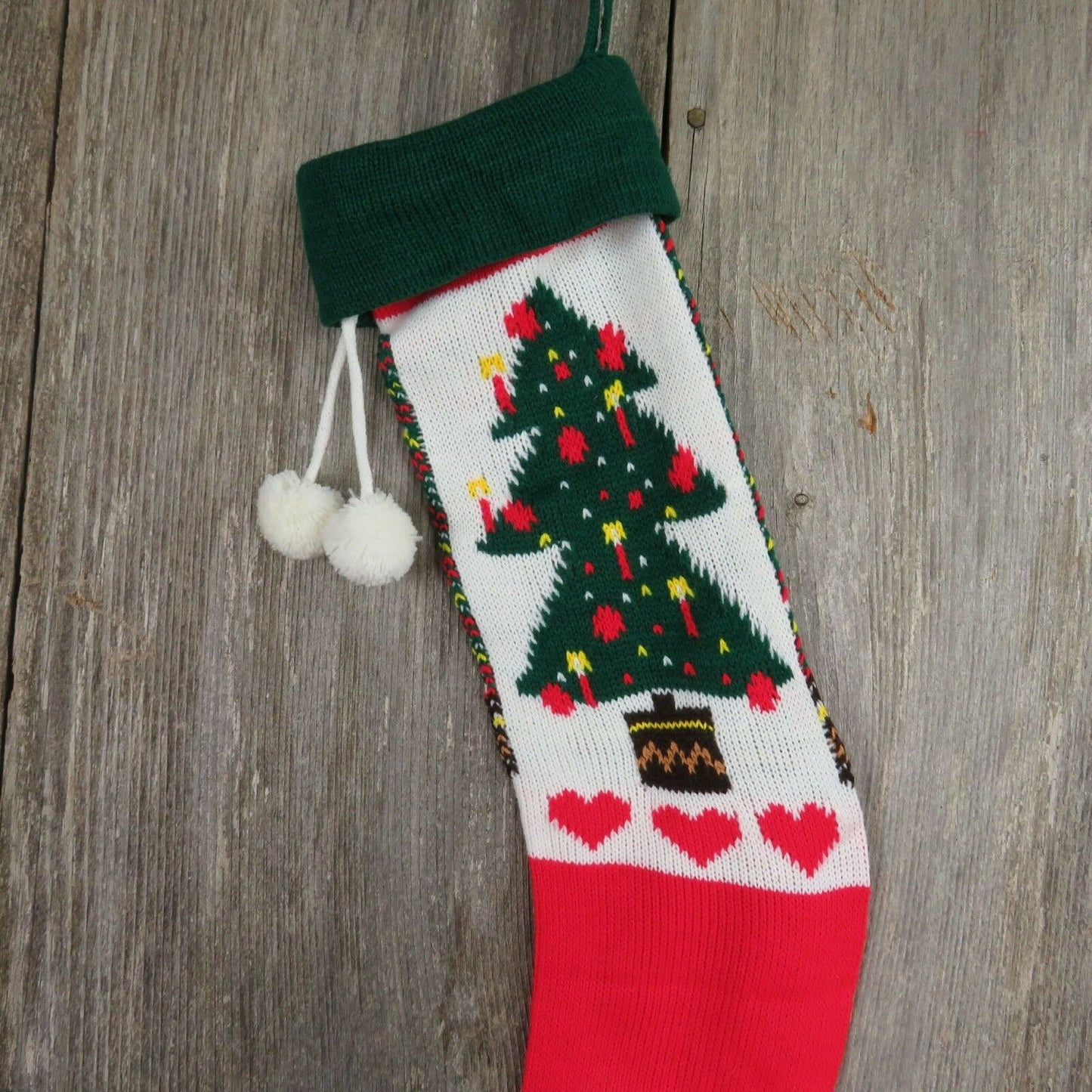 Vintage Christmas Tree Stocking Knitted Knit White Red Green Hearts Candle - At Grandma's Table