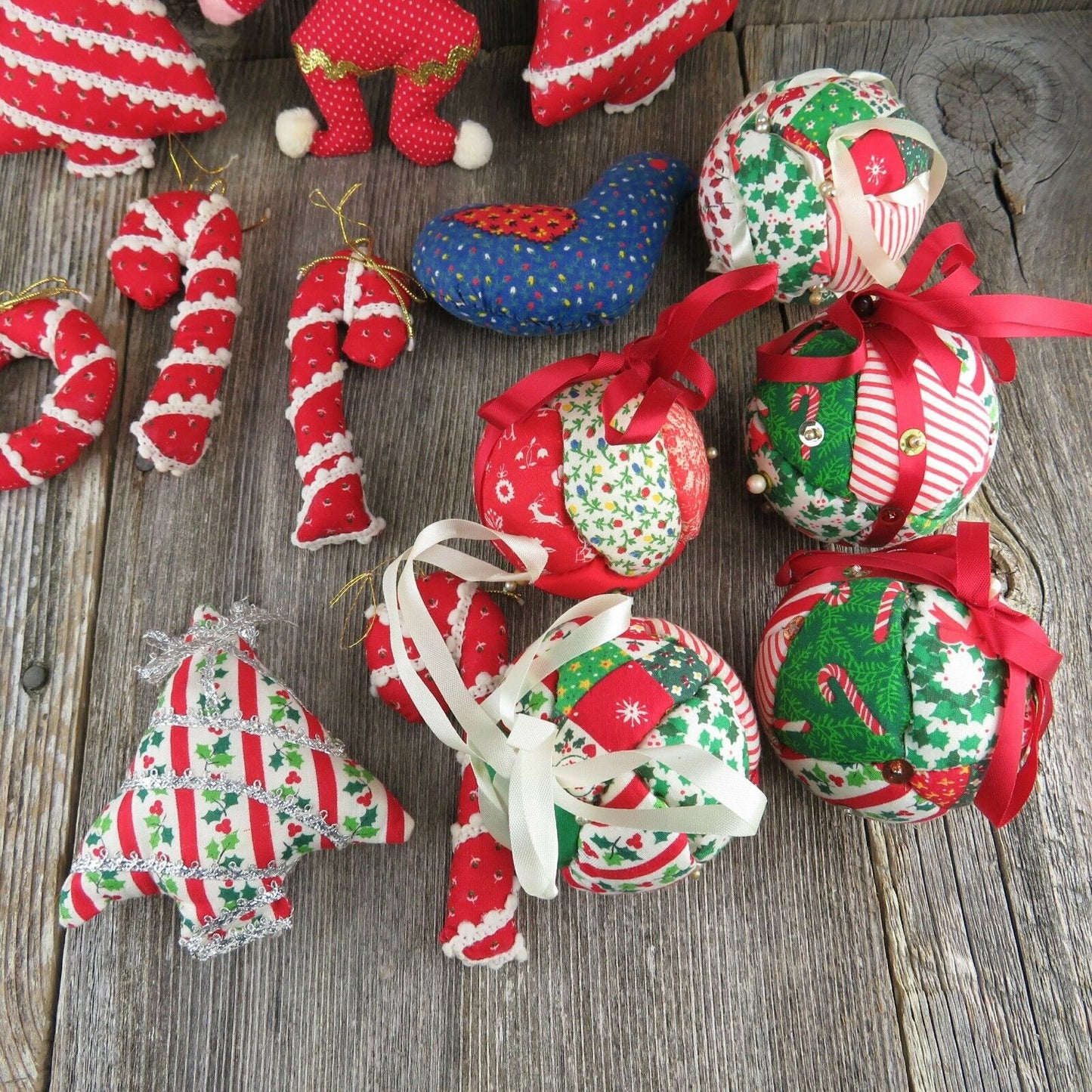 Vintage Christmas Fabric Tree Ornaments Ball Quilt Stuffed Rustic Country Candy - At Grandma's Table