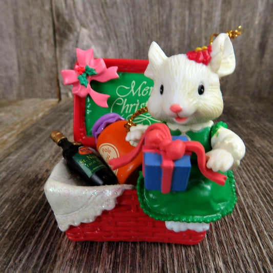 Vintage Gift Basket Mouse Ornament Christmas Food Girl Picnic Enesco Lustre Fame - At Grandma's Table