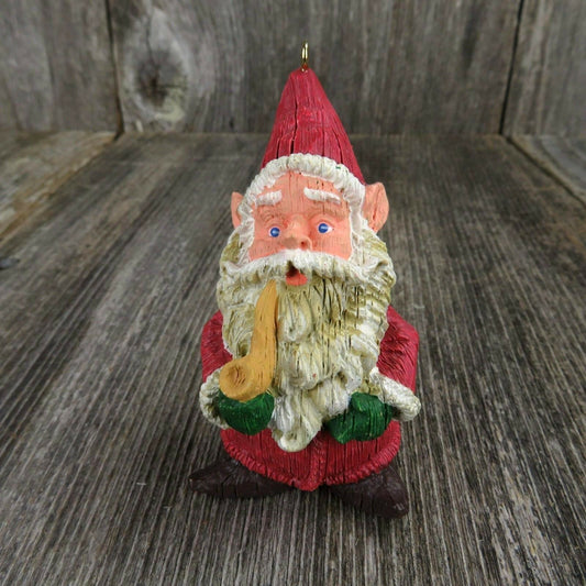 Vintage Gnome Christmas Ornament Old World Elf Santa Hallmark Pipe Wood Look - At Grandma's Table