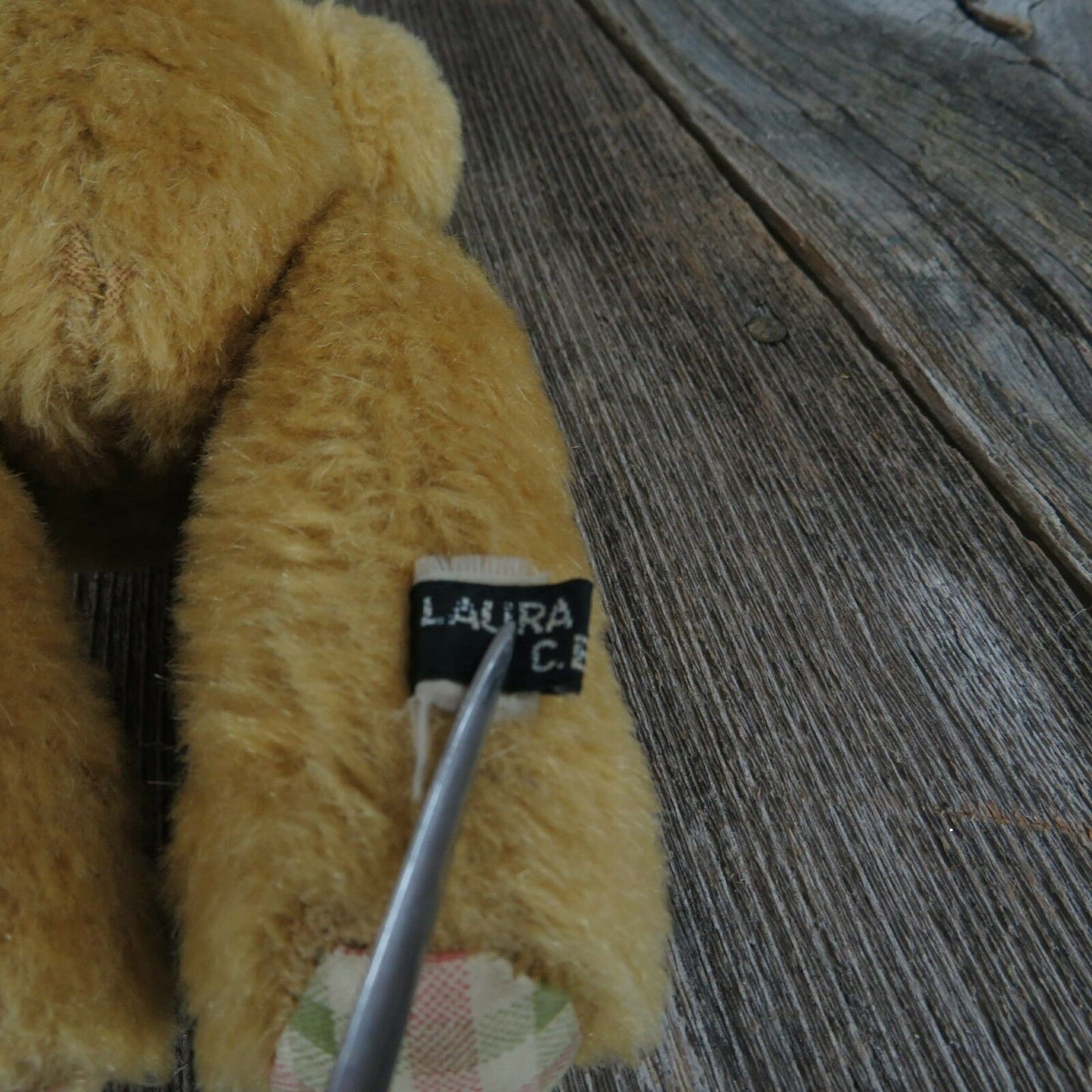 Vintage Mohair Teddy Bear Jointed Plush Stuffed Animal Laura Ashley Gingham Glass Eyes - At Grandma's Table