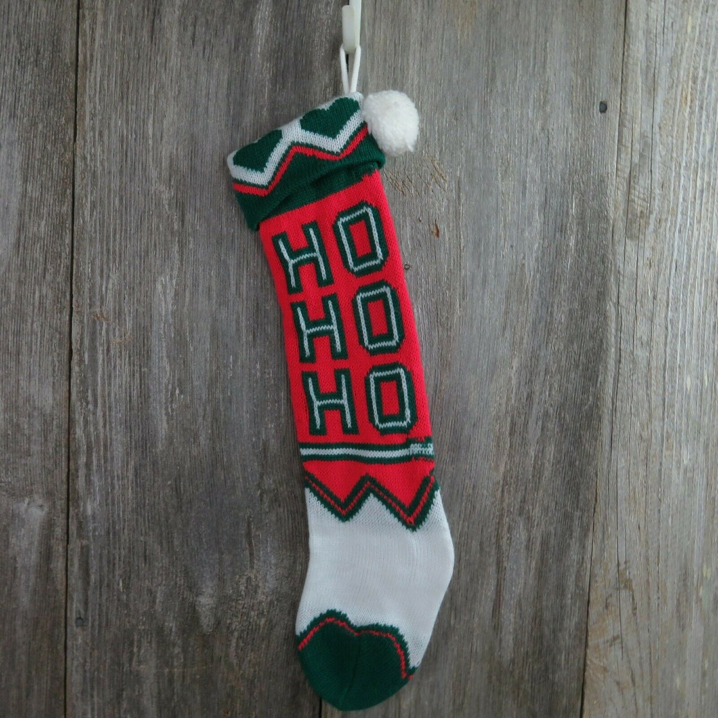 Vintage HO HO HO Stocking Knitted Knit Green Red Heart Christmas Pom Pom - At Grandma's Table