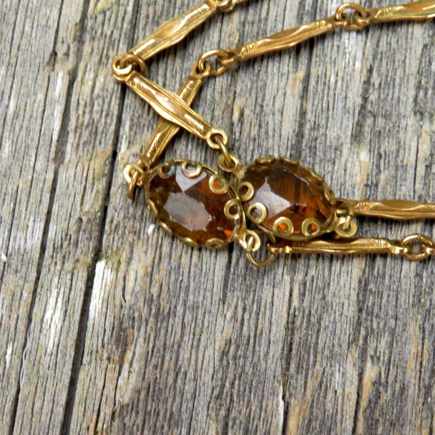 Vintage Rhinestone Necklace Tear Drop Amber Color Boho Gypsy Bohemian 60s Retro Jewelry - At Grandma's Table