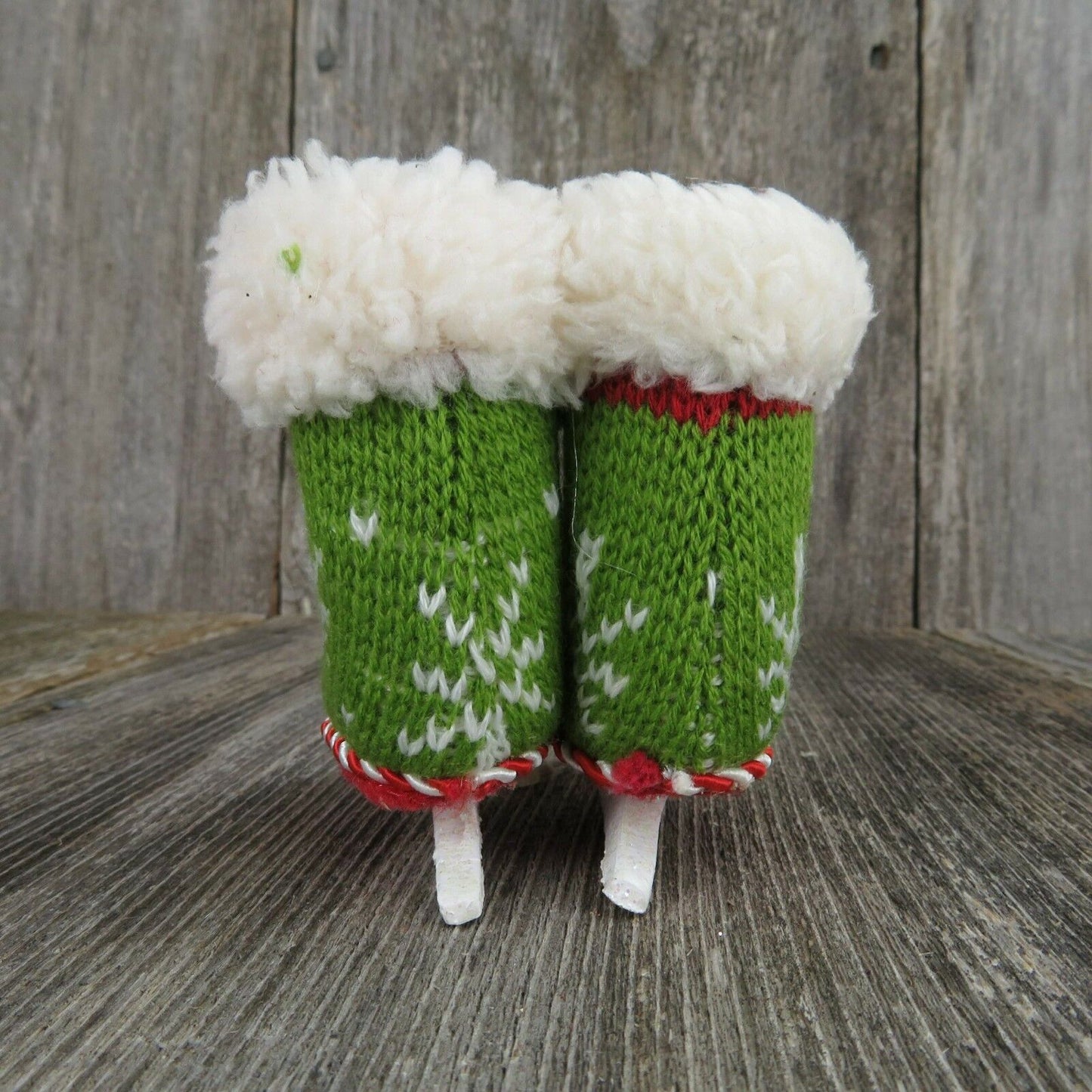 Vintage Ice Skates Ornament Knit Wood Stocking Rustic Old World Green Red White - At Grandma's Table