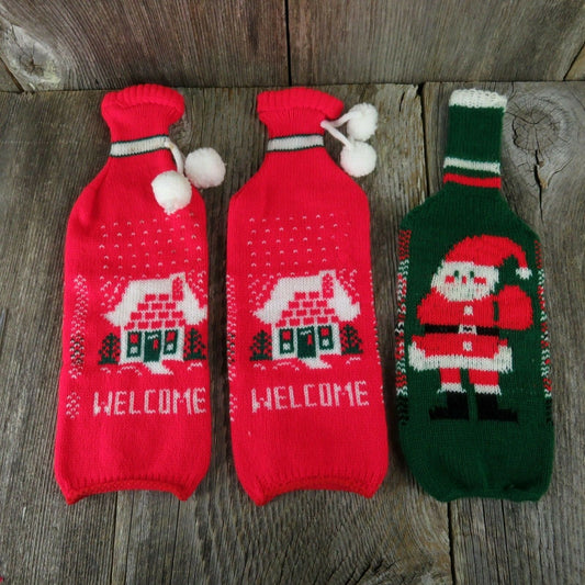 Vintage Christmas Stocking Bottle Covers Tote Red White Green Knitted Gift - At Grandma's Table