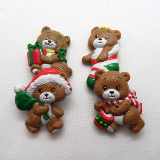 Vintage Teddy Bear Christmas Pin Brooch Set Russ Santa Stocking Present Drum - At Grandma's Table