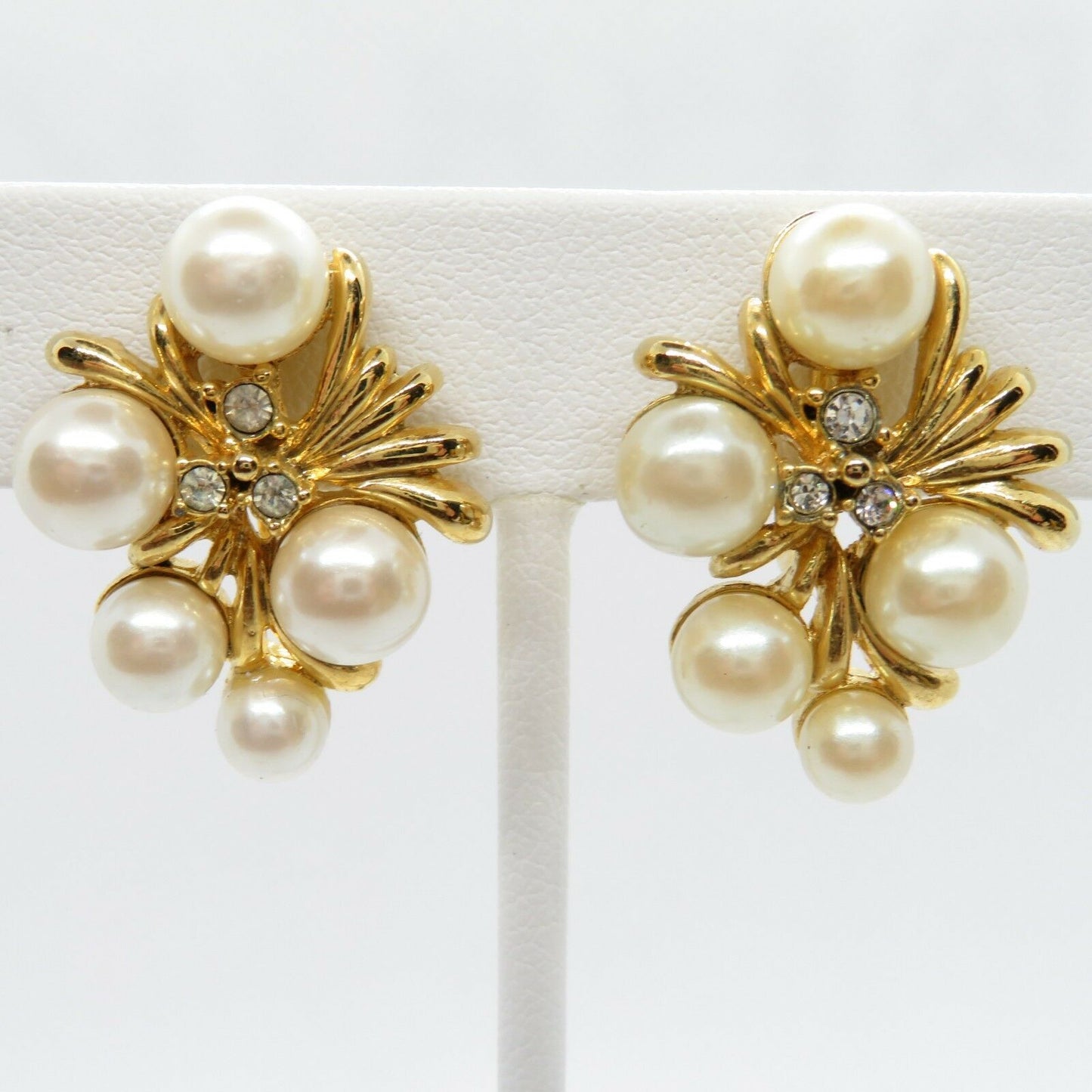 Clip On Earrings Faux Pearl Rhinestone Gold Tone Vintage Retro Elegant Formal Jewelry - At Grandma's Table
