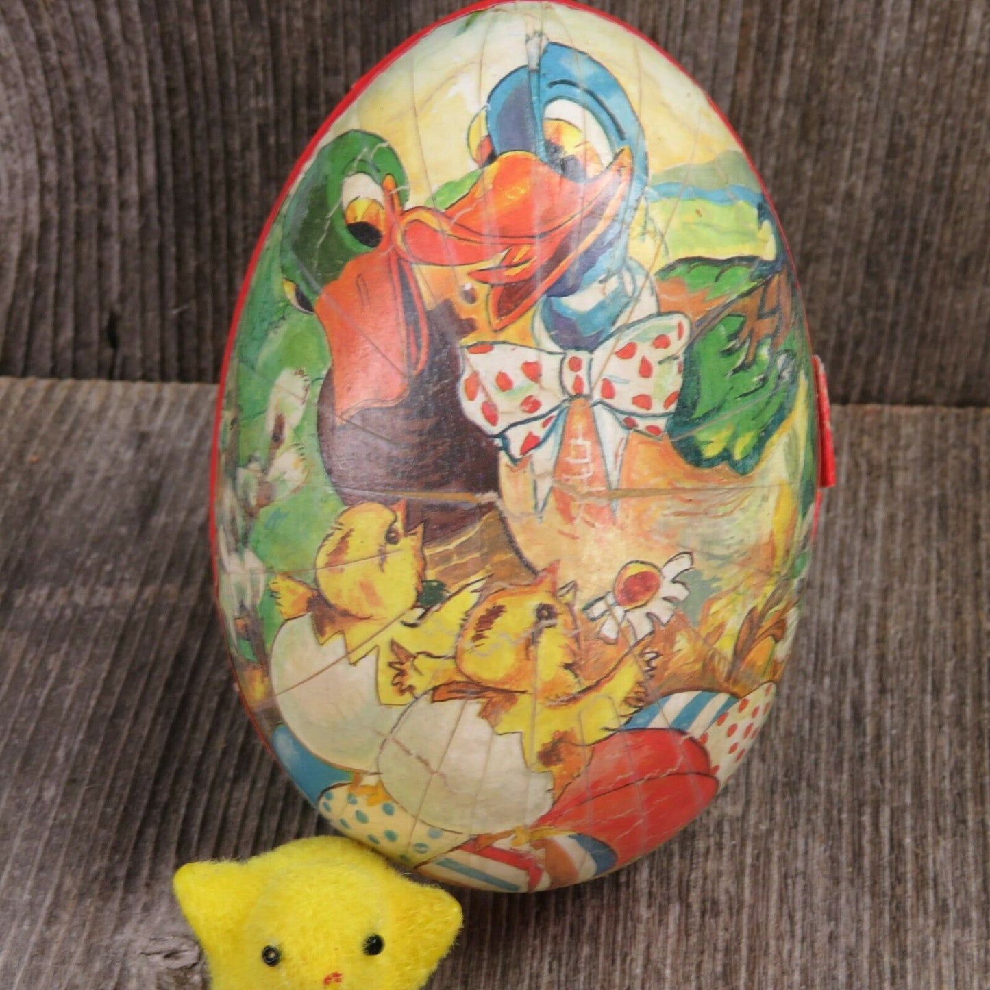 Vintage Easter Egg Paper Mache Candy Holder Container with Chick Toy - At Grandma's Table