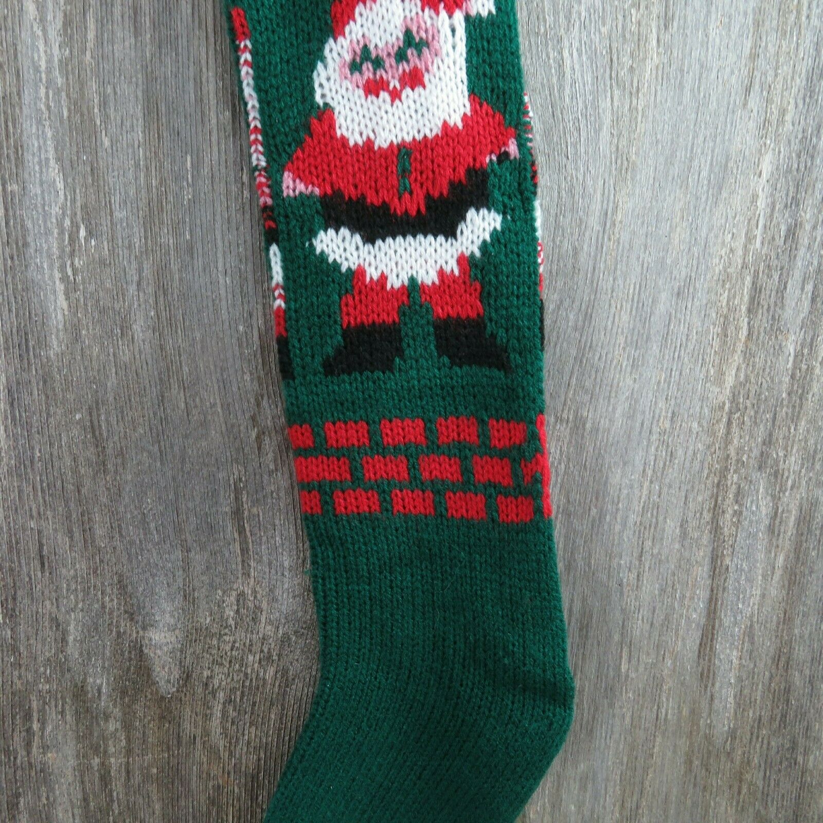 Vintage Santa Claus Stocking Knitted Knit Green Red White Christmas Pom Pom - At Grandma's Table