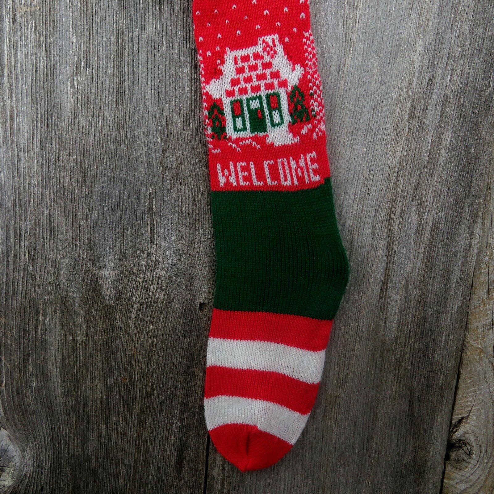 Vintage New House Stocking Knit Welcome Home Knitted Red Green 1980s - At Grandma's Table