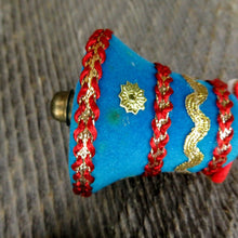 Load image into Gallery viewer, Vintage Flocked Bell Ornament Christmas Ribbon Blue Felt Rickrack Japan Set - At Grandma&#39;s Table