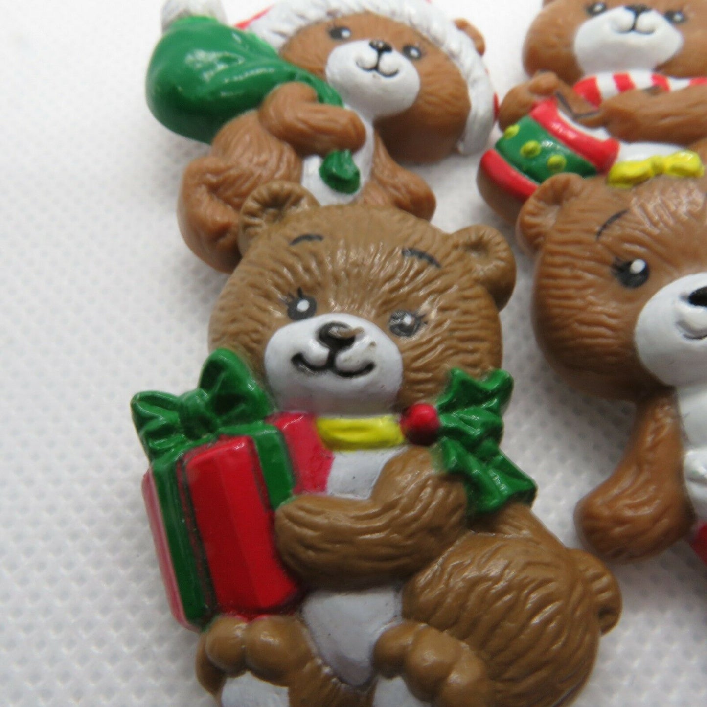 Vintage Teddy Bear Christmas Pin Brooch Set Russ Santa Stocking Present Drum - At Grandma's Table